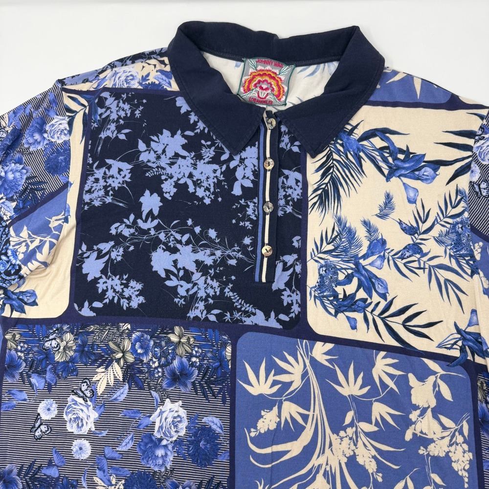 Johnny Was Blue Dreams Floral Patchwork Polo Tee Blue Women's Size XL